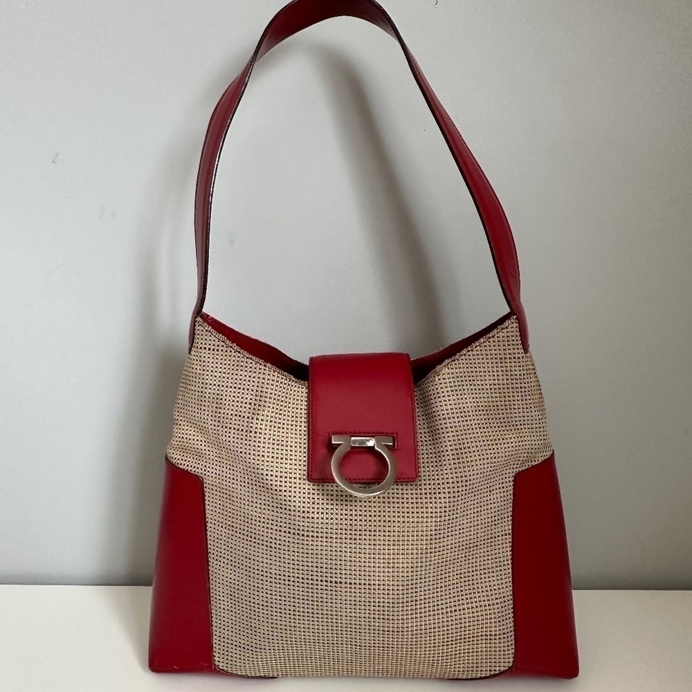 Vintage Y2K Salvatore Ferragamo Beige Maroon Leather Hobo Tapestry Shoulder Bag